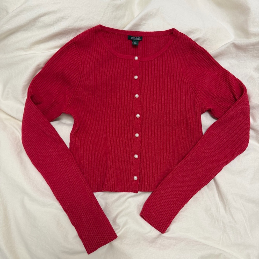 Red Ribbed Cardigan with Pearl Buttons